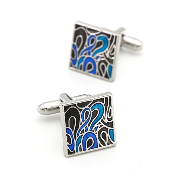 Black Blue and Silver Abstract Swirls Cufflinks - Picture 4 of 13